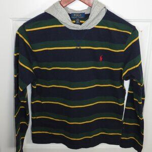 Polo Ralph Lauren Boys Hoodie T Shirt LG (14-16) Multi Stripe/Gray Hood Red Pony